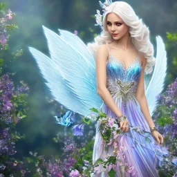 Fantasy fairy with transparent wings, smiling, make up, long platinum blond hair with crown and flowers, blue dress, flowering background