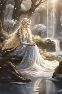 Elven princess,elven crown,long white blonde golden hair,rapunzel hair,ice flowers,beautiful,light blue,dark blue,golden armor,sparkle,glitter,ice flowers,snow,elven ears,dark fairy princess