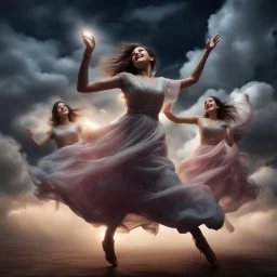 Hyper Realistic happy young-Pushto-women dancing with cloudy sky & dramatic ambiance at night