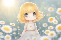 cute chibi daisy girl in sunshine, watercolor and black ink outlines, sparkling golden glitter, ethereal, cinematic postprocessing, bokeh, dof