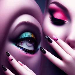 a ugly princess wearing a lot of makeup and painted nails, with pink lipstick and black eyeliner, dramatic, dramatic lighting, volumetric lighting, hyperrealism, 8k, high quality, photorealistic, lot of details