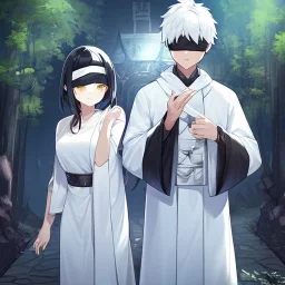 Girl with white hair wearing white robes and a blindfold. Boy with yellow eyes, black hair wearing ragged leather. Forest path background