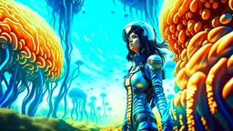 woman with black hair, in a tight spacesuit, without a helmet, walking through Alien mushrooms with jellyfish tentacles in an alien forest, photorealistic, Deep Colour, Intricate Detail, sunshine, blue sky