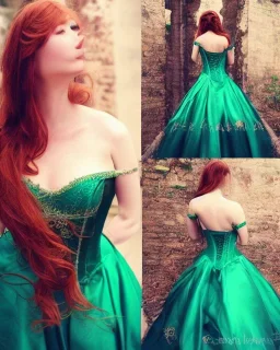 Magic princess with long auburn hair green eyes wearing a big teal green and gold satin ballgown corset off shoulder top casting magic