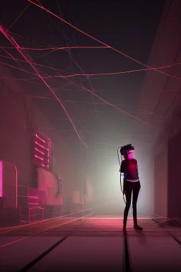 3d, si-fi hunger , far away a girl in the middle, stand on round platform, connected by wires , vr googles, beautifully color coded, super detailed, moody lighting, volumetric lighting, night time