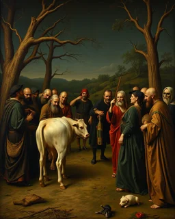 Bosch painting style ,nightmare, a group of people from the 2nd century gathering around a cow