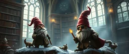 winter glow, master oil painting by Rembrandt, magia spy gnomes soap opera poster, huge multi level archeive, library, woodland creatures, motion blur, background mist, light beam from windows