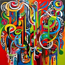 An abstract artistic painting made up of colorful Arabic letters