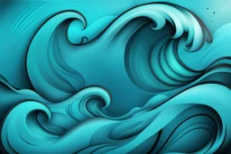 a background of a fun stylized waves with smooth black linework, blue teal tones, surf culture, kawaii cute