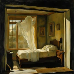 Unsettling visual of a sentient ghost floating outside bedroom window, crafted by the imaginative Stephen Grammell, with additional touches by Victor Brauner, image stirring deep-seated insomnia, surreal masterpiece laden with symbolism, photorealistic, detailed.