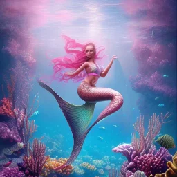 Underwater, Pink mermaid princess swimming, pink sea castle in background, magical