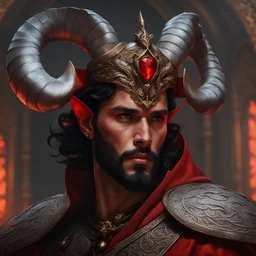 male red skinned tiefling with tiny top head goat horns, black long hair, goatee, wearing a scale mail., epic royal background, big royal uncropped crown, royal jewelry, robotic, nature, full shot, symmetrical, Greg Rutkowski, Charlie Bowater, Beeple, Unreal 5, hyperrealistic, dynamic lighting, fantasy art