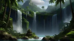 jungle palms waterfall rock temples fantasy