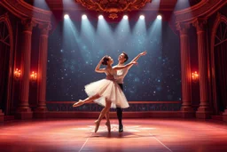 ballerian couple perform in a very luxury ballet stage with animating lights and background