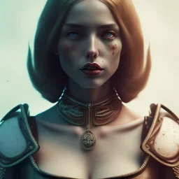 best quality, realistic lighting, masterpiece portrait of Mavis Dracula, details, light dusting of freckles, cowboy shot from above, simple chain hauberk, warhammerVector art matte painting digital illustration 3D shading CryEngine Behance HD 3Delight