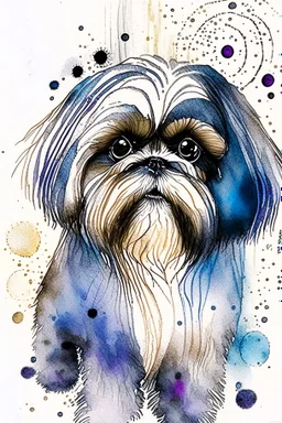 Abstract wet watercolour of a Shih tzu ink lines, interlinked circles,detailed focus on eyes