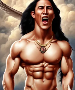 native american warrior, long black hair, big muscles, face up, mouth wide open, scream face, shirtless, looking to the sky