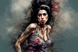 amy winehouse Stunning art masterpiece Basic style of horror, Overhead, hyper detailed, multi-layered illustration, in a highly detailed elegant unbuttoned dress, dynamic seductive pose, accentuating perfect anatomy, impressive concept by Carne Griffiths and Wadim Kashin, dynamic, highly detailed, symmetry, airbrush graffiti technique, high definition illustrations, soft and sharp focus, accent lighting, bold paint colors, symmetry, painted, intricate, volumetric lighting, beautiful masterpiece