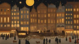 Scene of a city without people, with carriages, horses, bicycles, at night, very illuminated, very detailed in the style of Gustav Klimt