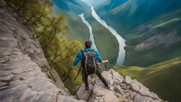 photo from a man falls down the mountain with a backpack, he falls from a high cliff into the abyss, detalied, Professional photography, natural lighting, canon lens, shot on dslr 64 megapixels ,sharp focus