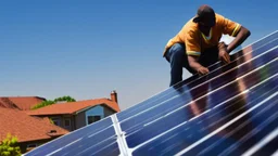 solar panel installation by 2 - 3 black guys on the roof of a house, panoramic view