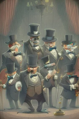 Professor knuckles and his band of very elderly musicians, all dressed in tuxedos and top hats.