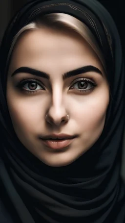 Beautiful white woman wearing a hijab, her nose is small, her cheeks are full, her eyebrows are thick and black.