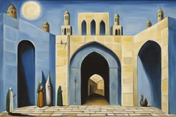 an open gothic_arab gate in a blue-tiled wall with a view of an old city by artist "de Chirico",by artist "Leonora Carrington"