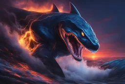 Huge venom in 8k solo leveling shadow drawing, shark effects, neon blue lights, sea, intricate details, highly detailed, high details, detailed portrait, masterpiece,ultra detailed, ultra quality