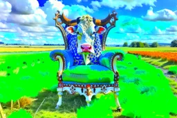 A cow sit on an vittorian armchair in large soft green field