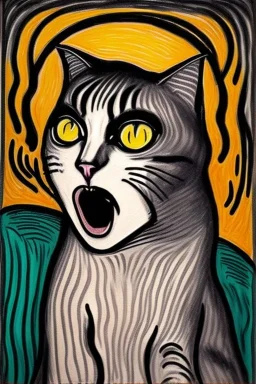 Cat holding her head with her hand like the scream Edvard Munch. Painting style of Edvard Munch