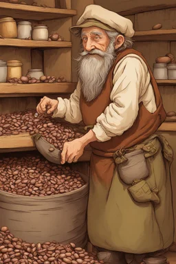 In the bustling inn, the lively hobbit worked tirelessly behind the counter. Though small in stature like all of his kind, he performed his duties with great skill and care. When weighing the beans, his large hairy feet moved deftly. His eyes, often wide with childlike wonder, keenly examined each bean. Into the grinder they went, ground to just the right texture - neither too fine nor too coarse. Under his fingers, the machine sang a steady song as the shots were pulled. The crema