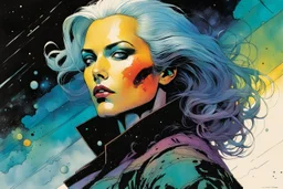 create an imaginative amorphous female interstellar cybernetic pirate with finely detailed facial features, military cut hair, witnessing the destruction of Earth , in the comic book art style of Bill Sienkiewicz, Mike Mignola, and Jean Giraud Moebius, finely textured, drawn, colored, and inked