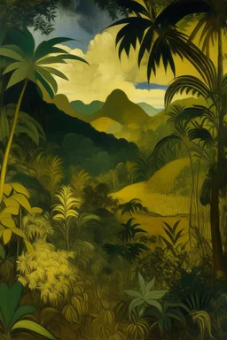 A dark gold rainforest near a bamboo’s forest surrounded with mountains, painted by Paul Gauguin