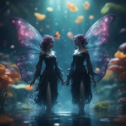 two Mind flayer witches with butterfly wings under water in well lit well ,bokeh like f/0.8, tilt-shift lens 8k, high detail, smooth render, down-light, unreal engine,bokeh like f/0.8, tilt-shift lens 8k, high detail, smooth render, down-light, unreal engine