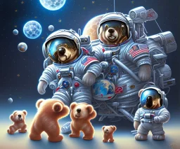 little boy and big teddy bears on moon. oil on canvas