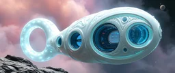 celtic knot hollow tube transparent core ornate indented space ship, shiny bright mega ship snail flourescent white blue like bubble gum with a few big windows and decks, interdimensional twister, rock against colored spaced fog, space interior. split tail,