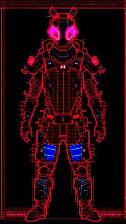 dibujo de contorno de un Samurái negro y rojo con traje cyberpunk full body