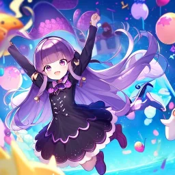 Clear focus,High resolution, Black long straight hair, and purple eyes, wearing a skirt,with stocking, with long boots on, Happy, Jumping, Loli