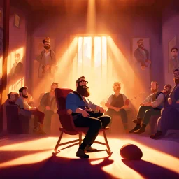 "In the center of the image, an men with beard is seated on a comfortable chair wearing rocker attire. The room is cast in a gentle shadow, with sunlight streaming in from the side, creating a warm and inviting atmosphere." Pixar Style