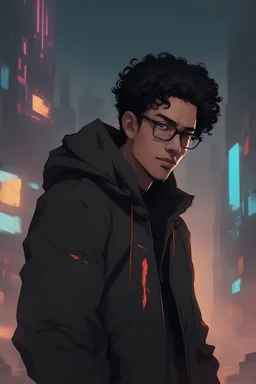 A 27-year-old young gentle man, with curly black hair, a thick chin, and wearing glasses, black clothes, hoodi, cry,cyberpunk, smart face, Confident smile, with fire powers