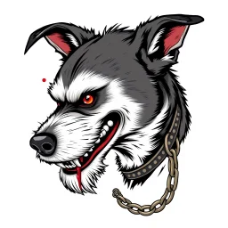 left facing head of angry Terrier dog with blood shot eyes and bloodied teeth, a ball chain collar around neck, a chain leash attached to collar, vector