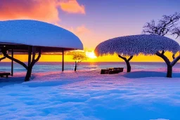 Honolulu Hawaii hotels covered in winter snow and ice at sunrise, winter wonderland