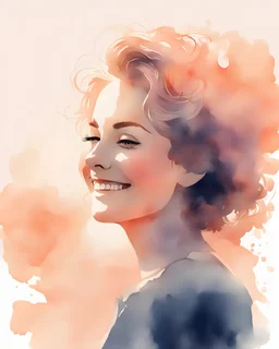 grown-up woman smiling silhouette and hair light peach colors watercolor draw