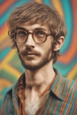 Hippie bohemian young man with Parisian bohemian look and glasses of colours and poor and short short short and poor hair on the head with receding hairline. Farsightedness glasses with big eyes. Long beard. Vintage look and feel like photo styleof the 70s