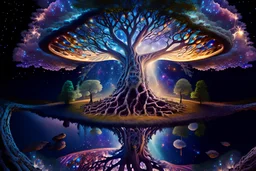 Cosmic Mirror Tree, Spiritual Nexus Bridging Heaven, Earth, and the Universe, 8k, high resolution, HDR, hallucinate, mushrooms, hallucinogenic, hyperrealism, photographic,