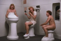 making fun at Exhibition of historical toilet humps [snapshot from the rated movie Blame it on Ginger (1986)]