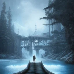 fantasy art, book cover, upper body of big mad wizard in front of the ebony stairs of a bridge or dam ,icy water, on the bridge is a wolf, there is also a hawk and everything is seen from the tree tops