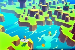 Legend Of Zelda: Wind Waker style view of a vast ocean, stylized, colorful, adventurous.