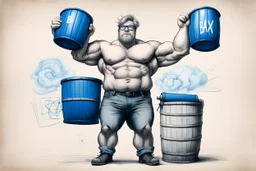 a very swedish strongman, big muscles and short light hair, pair of glasses, holding one big blue barrel above his head, a drawing with sketch lead pencil, The word BAXER floating